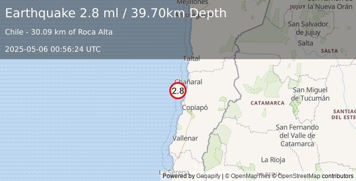 Earthquake OFFSHORE ATACAMA, CHILE (2.8 ml) (2025-05-06 00:56:24 UTC)
