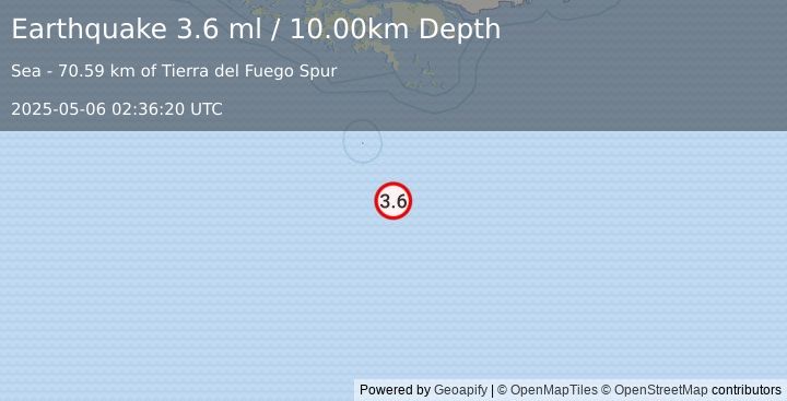 Earthquake DRAKE PASSAGE (3.6 ml) (2025-05-06 02:36:20 UTC)