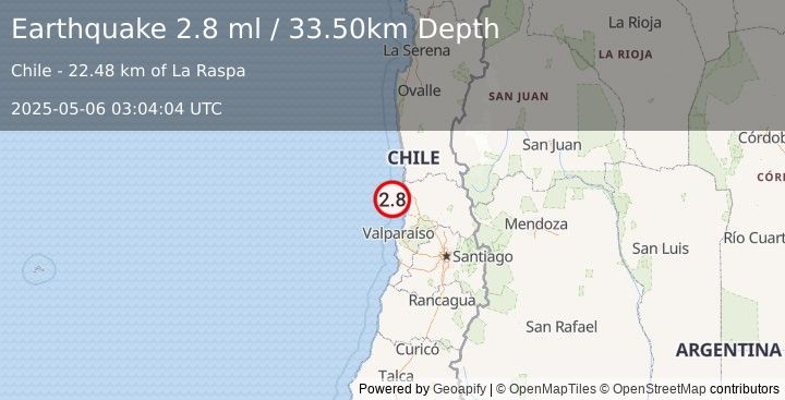 Earthquake OFFSHORE VALPARAISO, CHILE (2.8 ml) (2025-05-06 03:04:04 UTC)