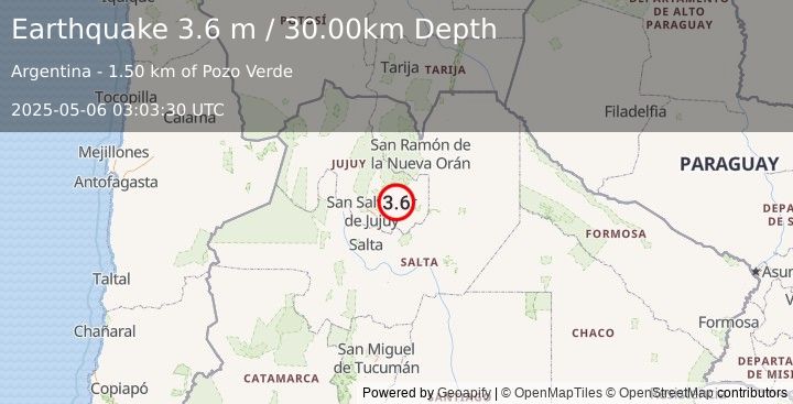 Earthquake JUJUY, ARGENTINA (3.6 m) (2025-05-06 03:03:30 UTC)