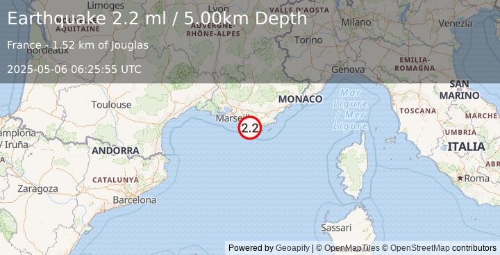 Earthquake NEAR SOUTH COAST OF FRANCE (2.2 ml) (2025-05-06 06:25:55 UTC)