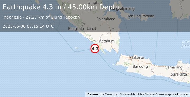 Earthquake SOUTHERN SUMATRA, INDONESIA (4.3 m) (2025-05-06 07:15:14 UTC)