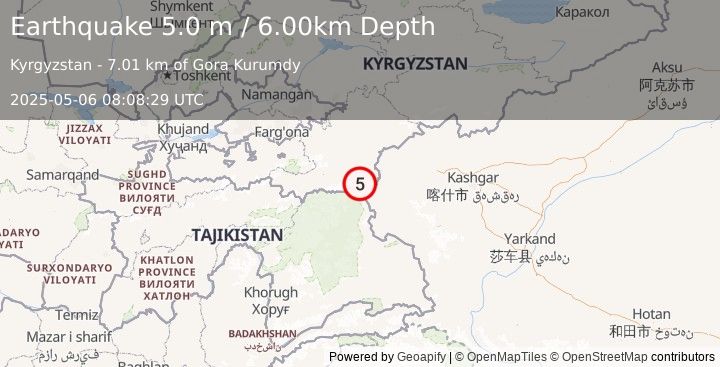 Earthquake TAJIKISTAN (5.0 mb) (2025-05-06 08:08:27 UTC)
