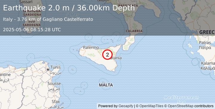 Earthquake SICILY, ITALY (2.6 ml) (2025-05-06 08:15:27 UTC)
