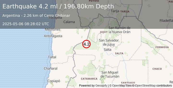 Earthquake SALTA, ARGENTINA (4.1 ml) (2025-05-06 08:28:04 UTC)