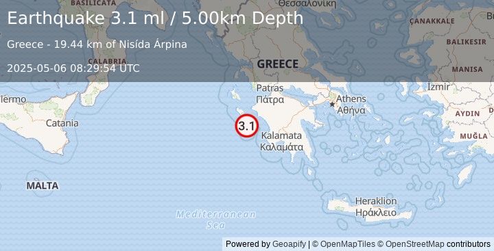 Earthquake SOUTHERN GREECE (3.4 ml) (2025-05-06 08:29:53 UTC)