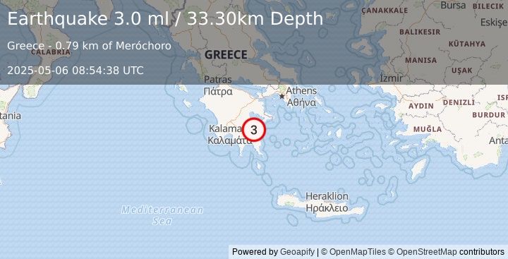 Earthquake SOUTHERN GREECE (3.3 ml) (2025-05-06 08:54:37 UTC)