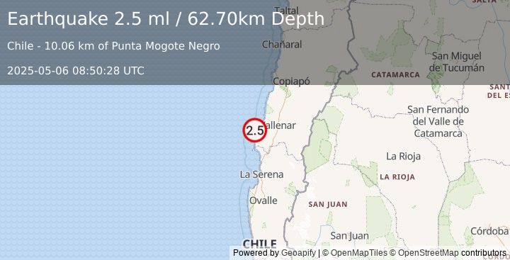 Earthquake OFFSHORE ATACAMA, CHILE (2.5 ml) (2025-05-06 08:50:28 UTC)