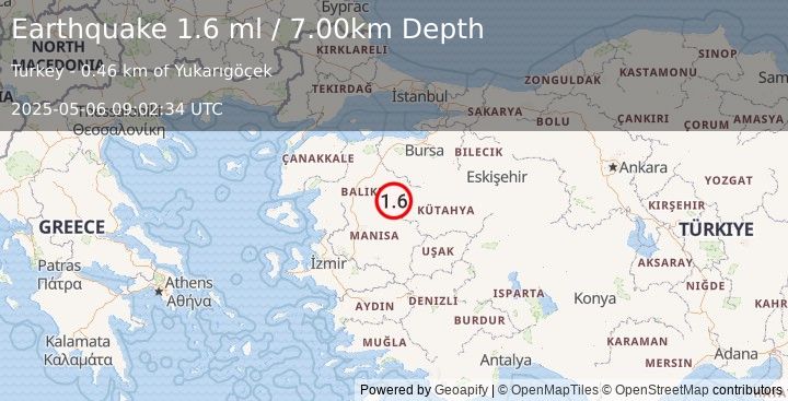 Earthquake WESTERN TURKEY (1.6 ml) (2025-05-06 09:02:34 UTC)