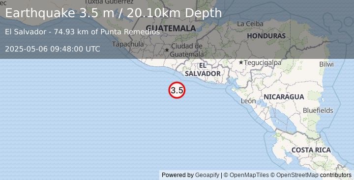 Earthquake OFFSHORE EL SALVADOR (3.5 m) (2025-05-06 09:48:00 UTC)