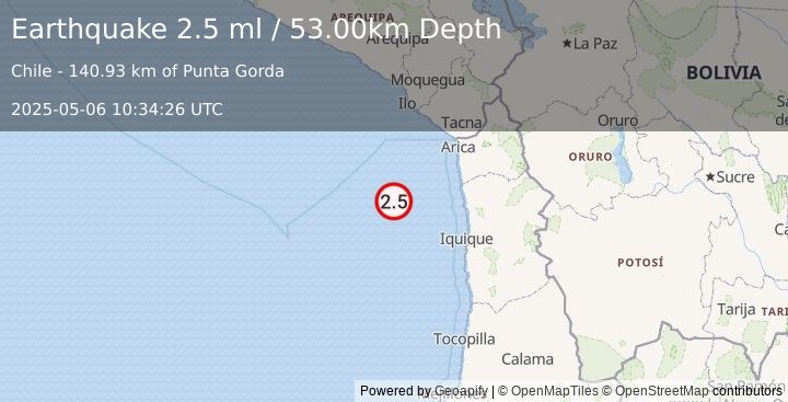 Earthquake OFF COAST OF TARAPACA, CHILE (2.5 ml) (2025-05-06 10:34:26 UTC)