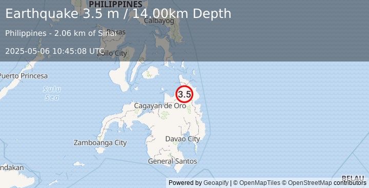 Earthquake MINDANAO, PHILIPPINES (3.5 m) (2025-05-06 10:45:08 UTC)