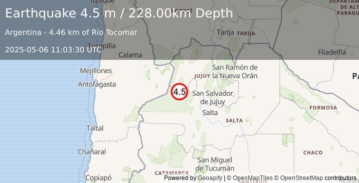 Earthquake JUJUY, ARGENTINA (4.4 mb) (2025-05-06 11:03:31 UTC)