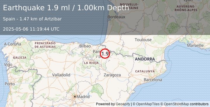 Earthquake PYRENEES (1.9 ml) (2025-05-06 11:19:44 UTC)