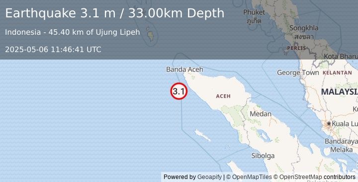 Earthquake NORTHERN SUMATRA, INDONESIA (3.1 m) (2025-05-06 11:46:41 UTC)