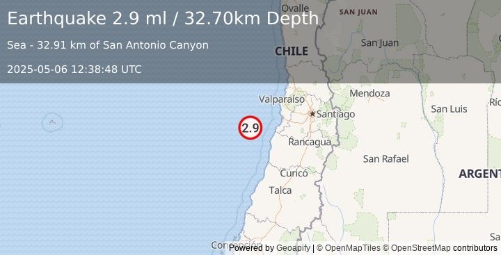Earthquake OFFSHORE O'HIGGINS, CHILE (2.9 ml) (2025-05-06 12:38:48 UTC)