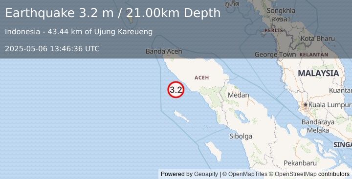 Earthquake OFF W COAST OF NORTHERN SUMATRA (3.2 m) (2025-05-06 13:46:36 UTC)