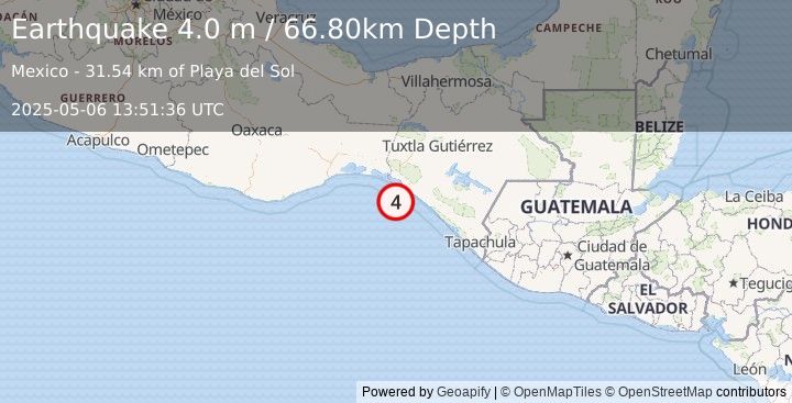 Earthquake OFFSHORE CHIAPAS, MEXICO (4.0 m) (2025-05-06 13:51:36 UTC)