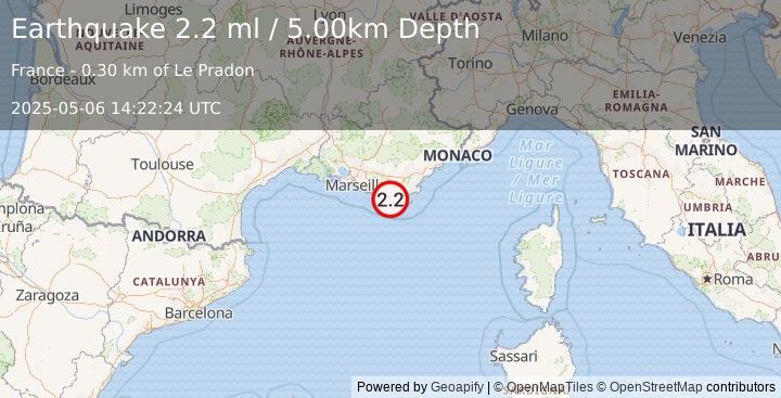 Earthquake NEAR SOUTH COAST OF FRANCE (2.2 ml) (2025-05-06 14:22:24 UTC)