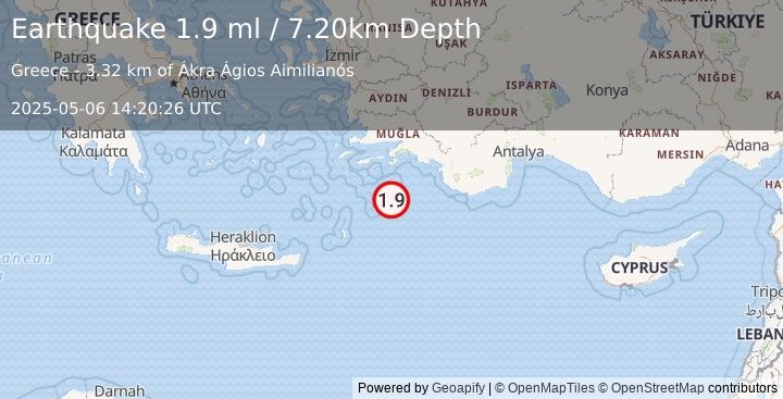 Earthquake DODECANESE IS.-TURKEY BORDER REG (1.9 ml) (2025-05-06 14:20:26 UTC)