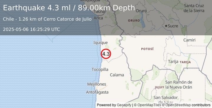 Earthquake TARAPACA, CHILE (4.3 ml) (2025-05-06 16:25:29 UTC)