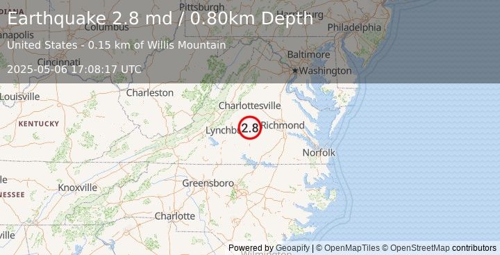 Earthquake VIRGINIA (2.8 md) (2025-05-06 17:08:17 UTC)