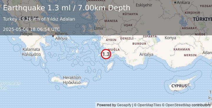 Earthquake DODECANESE IS.-TURKEY BORDER REG (1.3 ml) (2025-05-06 18:06:54 UTC)