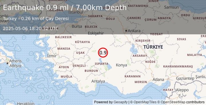 Earthquake WESTERN TURKEY (0.9 ml) (2025-05-06 18:20:32 UTC)