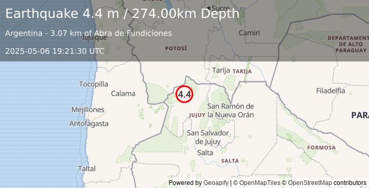 Earthquake JUJUY, ARGENTINA (4.4 m) (2025-05-06 19:21:30 UTC)