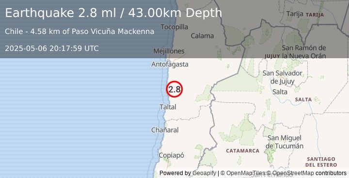 Earthquake ANTOFAGASTA, CHILE (2.8 ml) (2025-05-06 20:17:59 UTC)