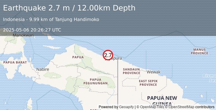 Earthquake NEAR N COAST OF PAPUA, INDONESIA (2.7 m) (2025-05-06 20:26:27 UTC)