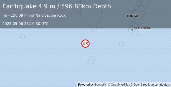 Earthquake SOUTH OF FIJI ISLANDS (5.0 mb) (2025-05-06 21:10:28 UTC)