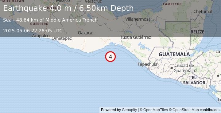 Earthquake OFFSHORE OAXACA, MEXICO (4.0 m) (2025-05-06 22:28:05 UTC)