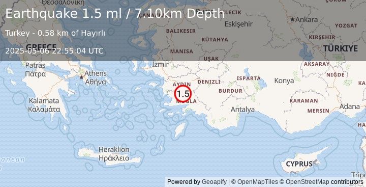 Earthquake WESTERN TURKEY (1.5 ml) (2025-05-06 22:55:04 UTC)