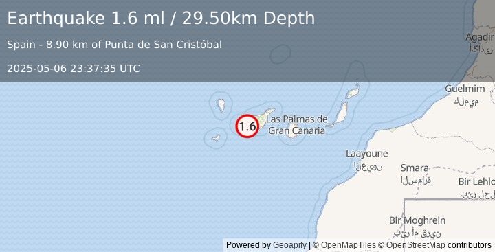 Earthquake CANARY ISLANDS, SPAIN REGION (1.6 ml) (2025-05-06 23:37:35 UTC)