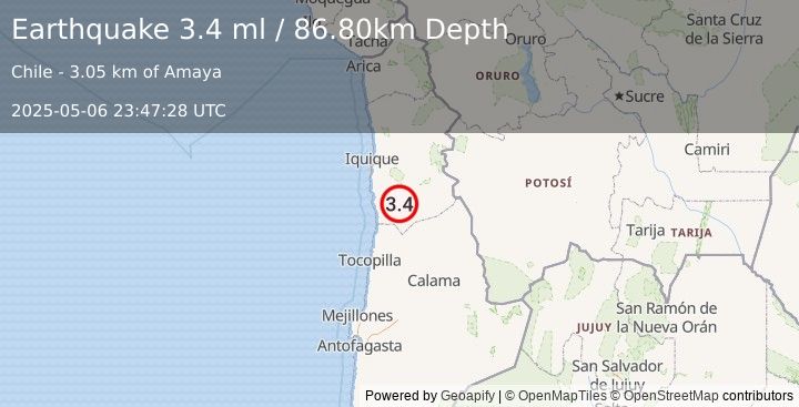 Earthquake TARAPACA, CHILE (3.4 ml) (2025-05-06 23:47:28 UTC)