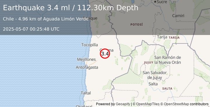 Earthquake ANTOFAGASTA, CHILE (3.4 ml) (2025-05-07 00:25:48 UTC)