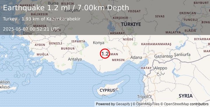 Earthquake CENTRAL TURKEY (1.2 ml) (2025-05-07 00:52:21 UTC)