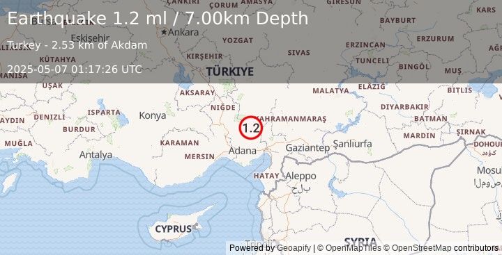 Earthquake CENTRAL TURKEY (1.2 ml) (2025-05-07 01:17:26 UTC)