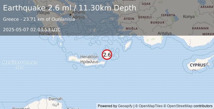 Earthquake CRETE, GREECE (2.6 ml) (2025-05-07 02:03:53 UTC)