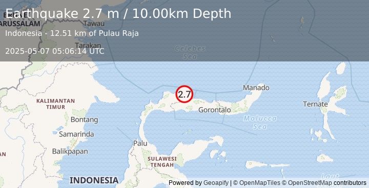 Earthquake MINAHASA, SULAWESI, INDONESIA (2.7 m) (2025-05-07 05:06:14 UTC)