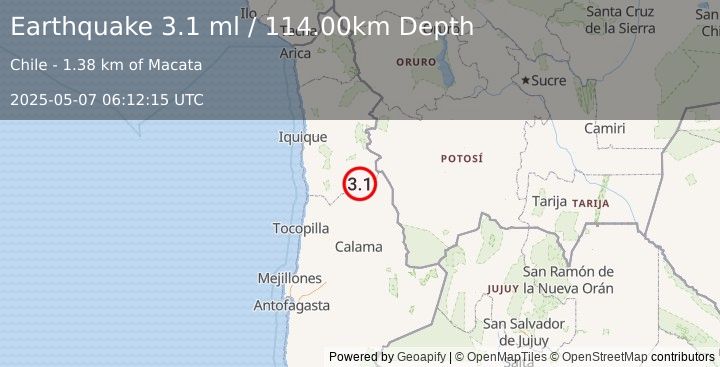 Earthquake TARAPACA, CHILE (3.1 ml) (2025-05-07 06:12:15 UTC)