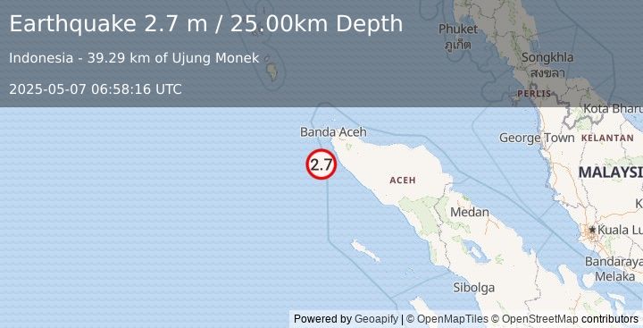 Earthquake NORTHERN SUMATRA, INDONESIA (2.7 m) (2025-05-07 06:58:16 UTC)