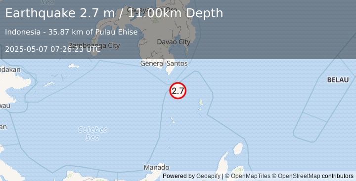 Earthquake KEPULAUAN SANGIHE, INDONESIA (2.7 m) (2025-05-07 07:26:23 UTC)