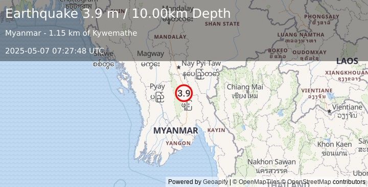 Earthquake MYANMAR (3.9 m) (2025-05-07 07:27:48 UTC)