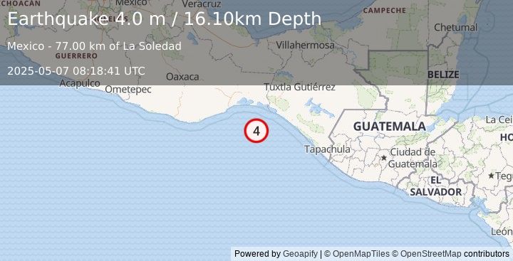 Earthquake OFFSHORE OAXACA, MEXICO (4.0 m) (2025-05-07 08:18:41 UTC)