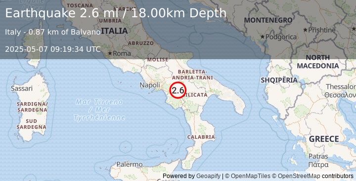 Earthquake SOUTHERN ITALY (2.6 ml) (2025-05-07 09:19:34 UTC)