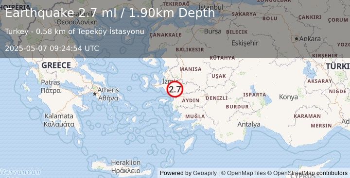 Earthquake WESTERN TURKEY (2.7 ml) (2025-05-07 09:24:54 UTC)