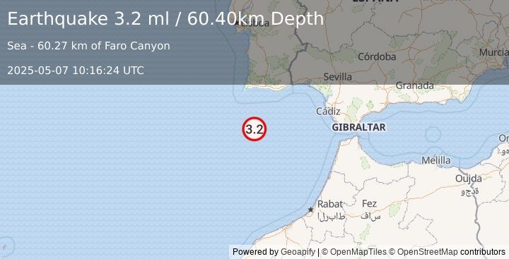Earthquake WEST OF GIBRALTAR (3.2 ml) (2025-05-07 10:16:25 UTC)