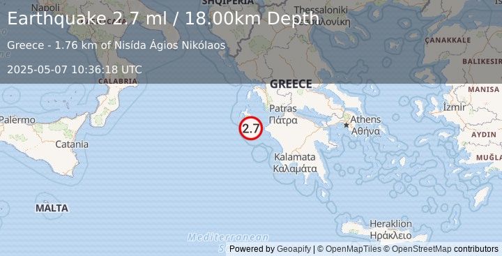 Earthquake IONIAN SEA (2.7 ml) (2025-05-07 10:36:18 UTC)